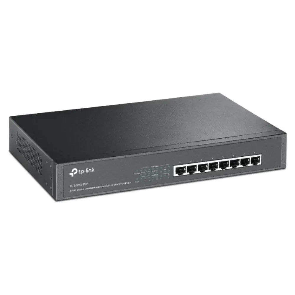 Interruptor TP-LINK TL-SG1008MP con 8 puertos Gigabit Ethernet y PoE+ en armario de red, con puertos visibles y diseño compacto.