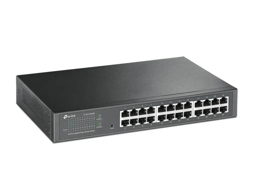 Interruptor gestionado TP-Link TL-SG1024DE con 24 puertos Gigabit Ethernet en color negro, 1U, para redes de alta velocidad.