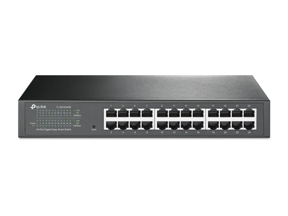 Interruptor gestionado TP-Link TL-SG1024DE con puertos Gigabit Ethernet, en caja negra, 1U para redes empresariales.