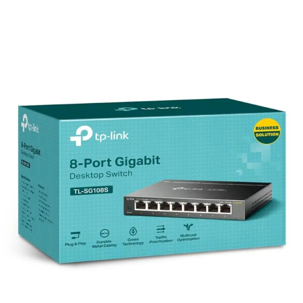 Interruptor de sobremesa TP-Link TL-SG108S con 8 puertos Gigabit RJ45 y carcasa de metal.