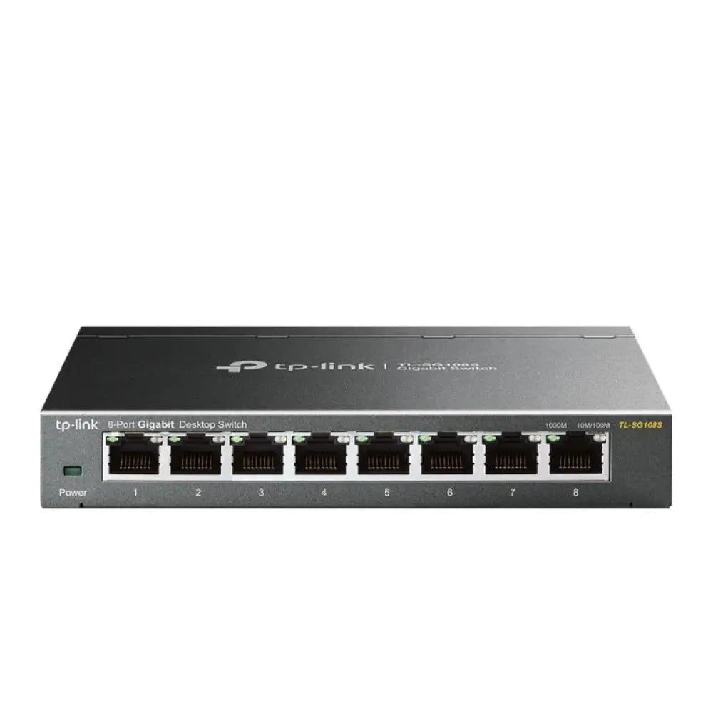 Interruptor sobremesa TP-Link TL-SG108S con 8 puertos Gigabit RJ45 en carcasa metálica.