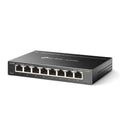 Interruptor de sobremesa TP-Link TL-SG108S con 8 puertos Gigabit RJ45 y carcasa metálica.