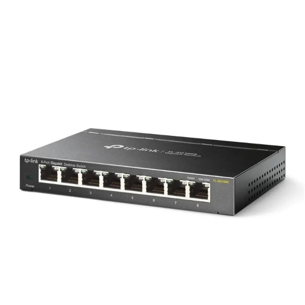 Interruptor de sobremesa TP-Link TL-SG108S con 8 puertos Gigabit RJ45 y carcasa metálica.