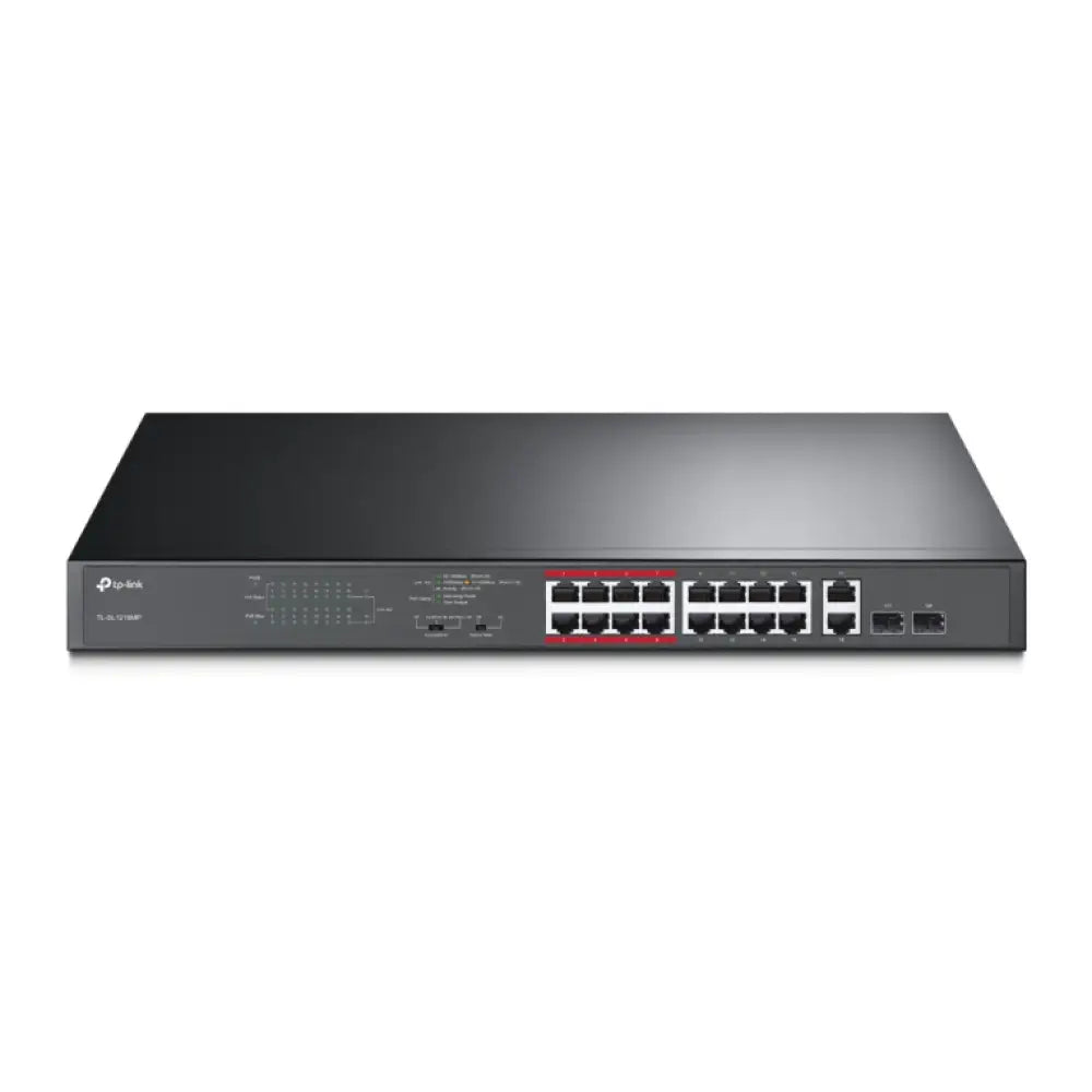 Interruptor no administrado TP-Link TL-SL1218MP con Gigabit Ethernet y PoE, en color negro, montaje en rack 1U.