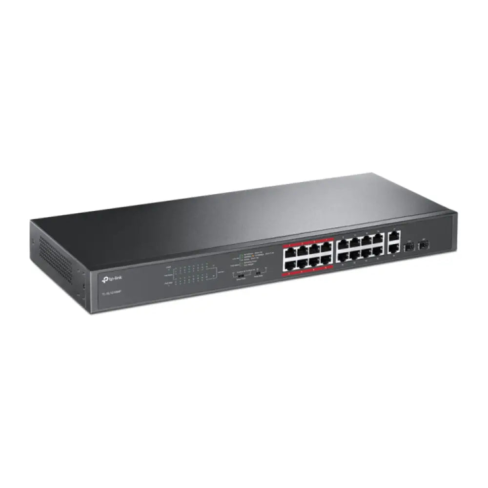 Interruptor no administrado TP-Link TL-SL1218MP con puertos Gigabit Ethernet y PoE, en color negro, 1U.