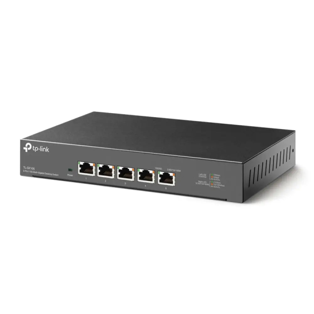 Switch TP-Link TL-SX105 no administrado con puertos Ethernet de 10G en color negro, compacto y para conexiones rápidas.