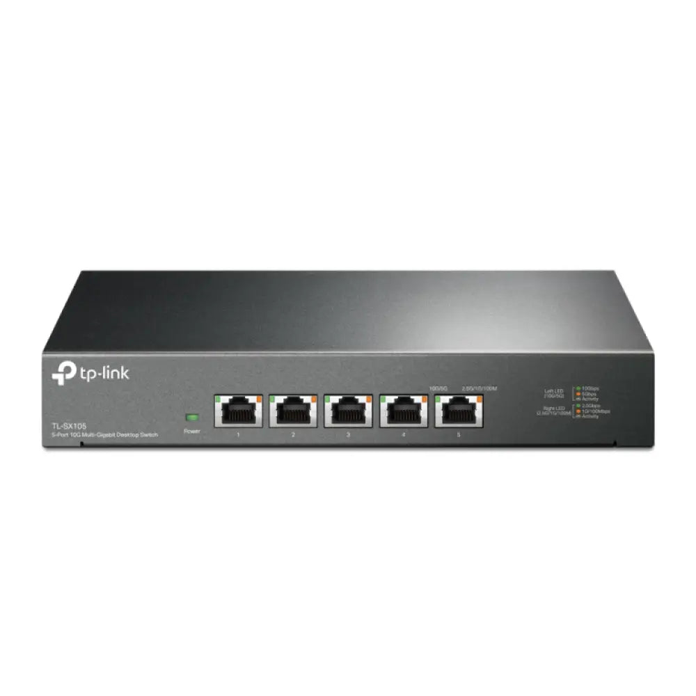 Interruptor no administrado TP-Link TL-SX105 con puertos Ethernet 10G en color negro, ideal para redes rápidas y confiables.