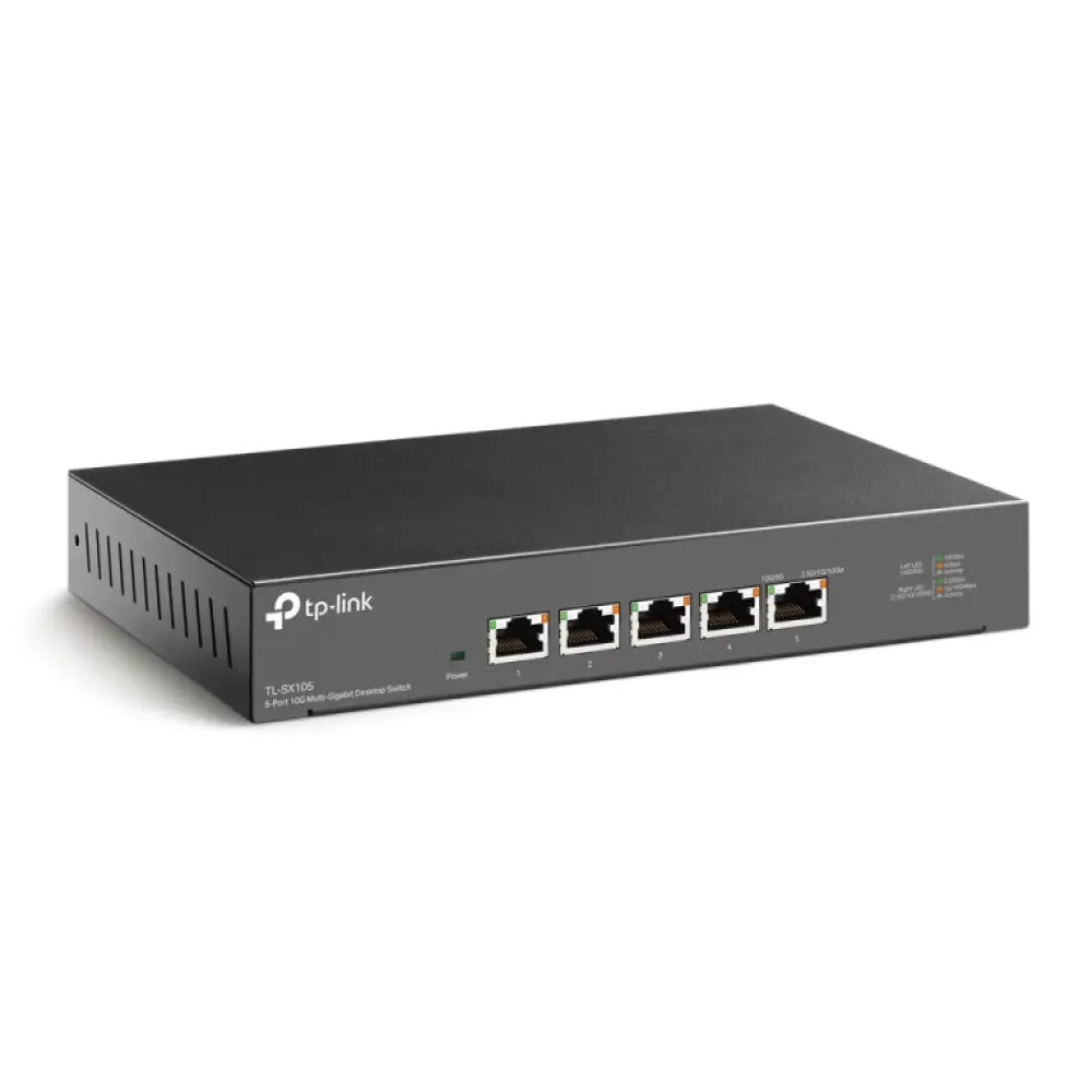 Switch TP-Link TL-SX105 no administrado con puertos Ethernet de 10G en color negro, para conexiones rápidas de red.