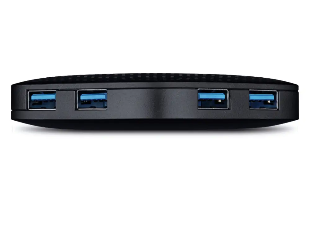 Hub USB TP-Link UH400, puerto Type-A, velocidad de 5000 Mbit/s, en color negro, conectado a un ordenador.