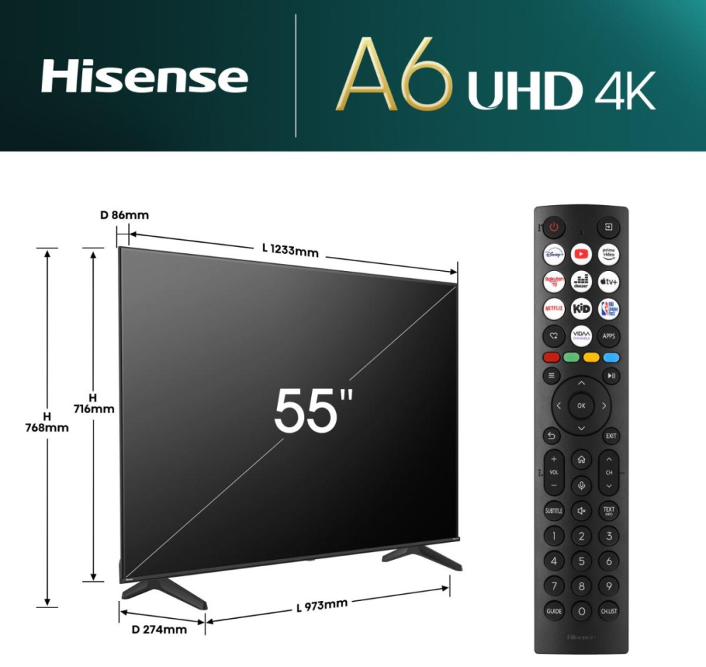 TV HISENSE 55A6N 55" UHD 4K VIDAA SMART TV MODO JUEGO PLUS CONTROL VOZ - detalle