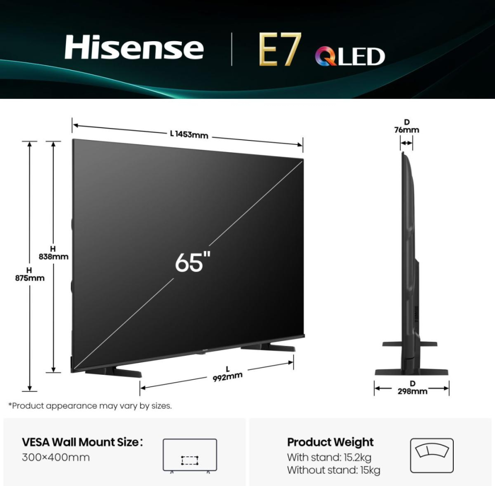 TV HISENSE 65E77Q 65" QLED 4K UHD SMART TV VIDAA HDR10 - detalle