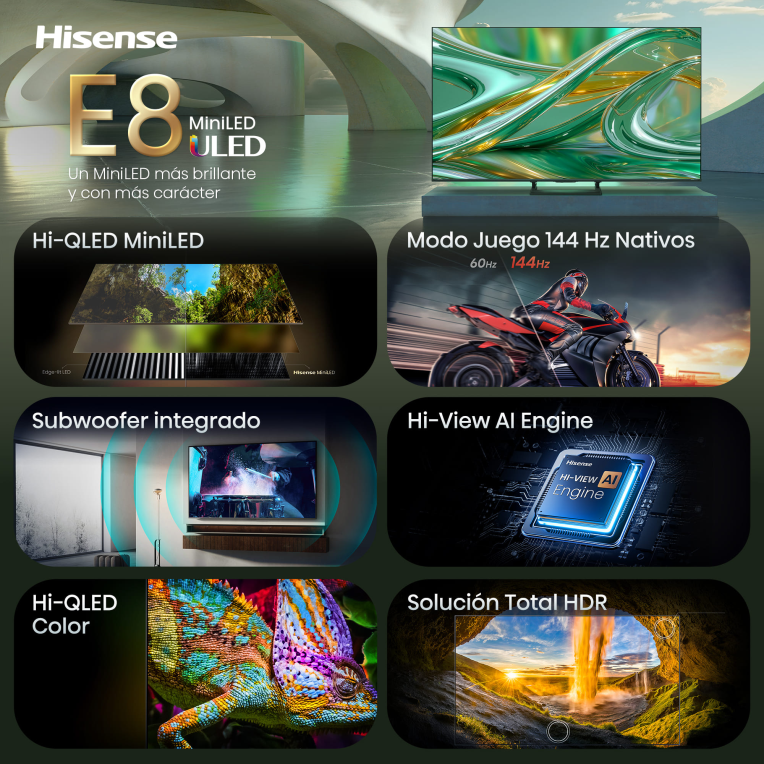 TV HISENSE 75E8S 75" UHD 4K MINILED GAMING 144HZ DOLBY VISION ATMOS HDR10+ - detalle