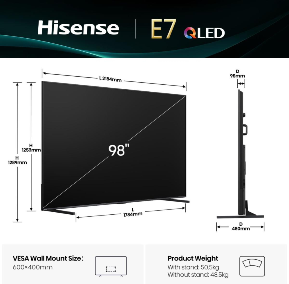 TV HISENSE 98E7Q 98" 4K ULTRA HD SMART TV WIFI NEGRO - detalle