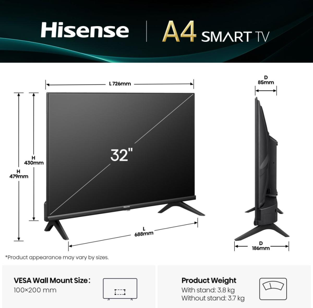 TV HISENSE LED 32A4Q 32? HD SMART TV DOLBY DTS HD SIN MARCOS MODO JUEGO - detalle