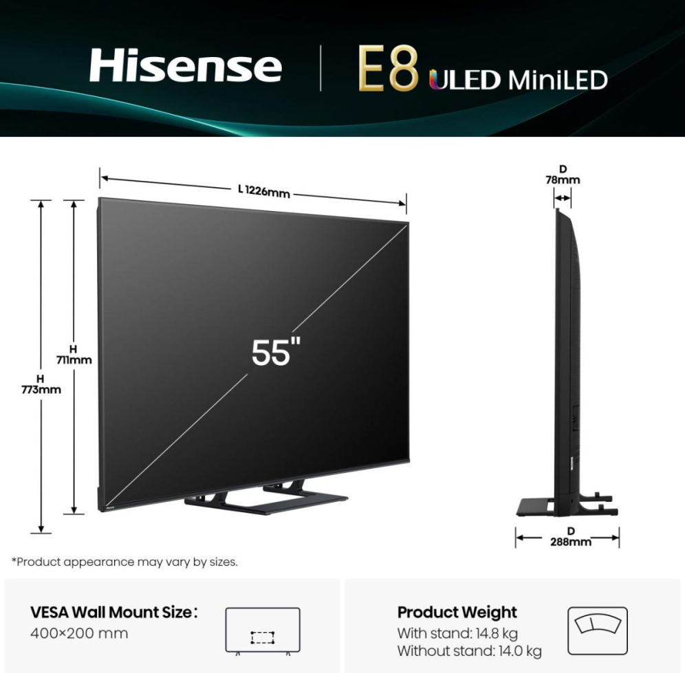 TV HISENSE QLED 55E8Q 55? 4K BLUETOOTH HDMI 2.1 ALEXA ATMOS GAME MODE - detalle