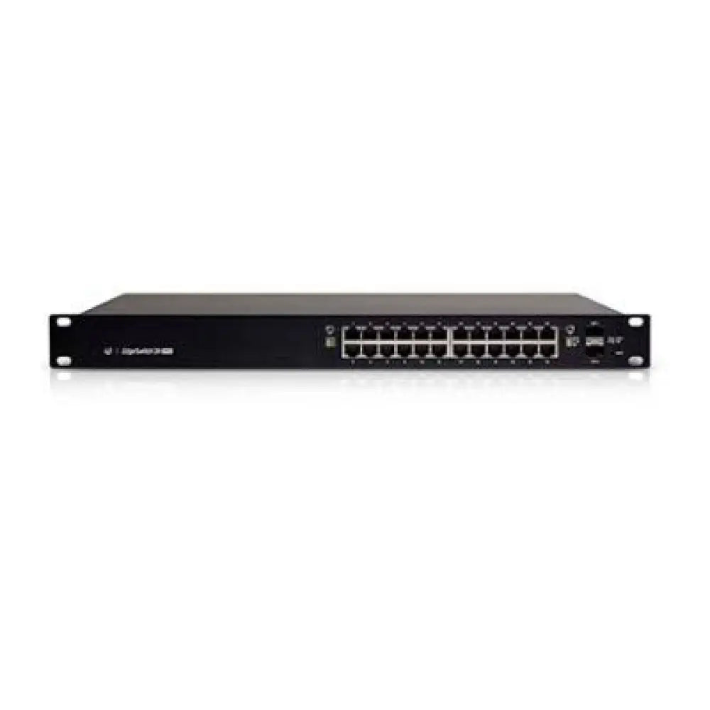 Interruptor de red Ubiquiti EdgeSwitch ES24-250W con 24 puertos Gigabit y 2 puertos SFP, en armario de red.