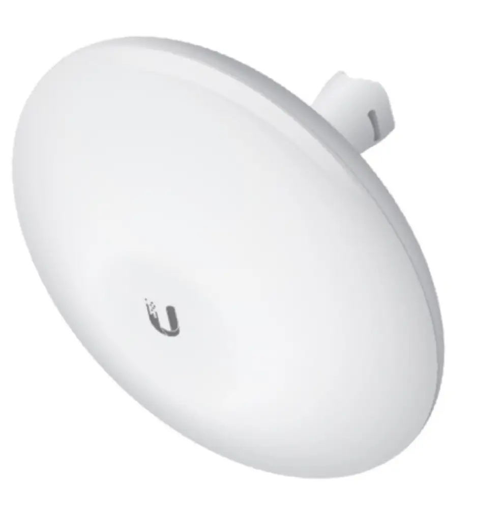 Antena Ubiquiti NanoBeam M5 para red, 16 dBi, con diseño compacto y parabólico, usada para conexiones inalámbricas de largo alcance.