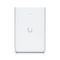 Punto de acceso Ubiquiti U7 Pro Wall en color blanco con tecnología WiFi 7 y energía PoE, instalado en la pared.