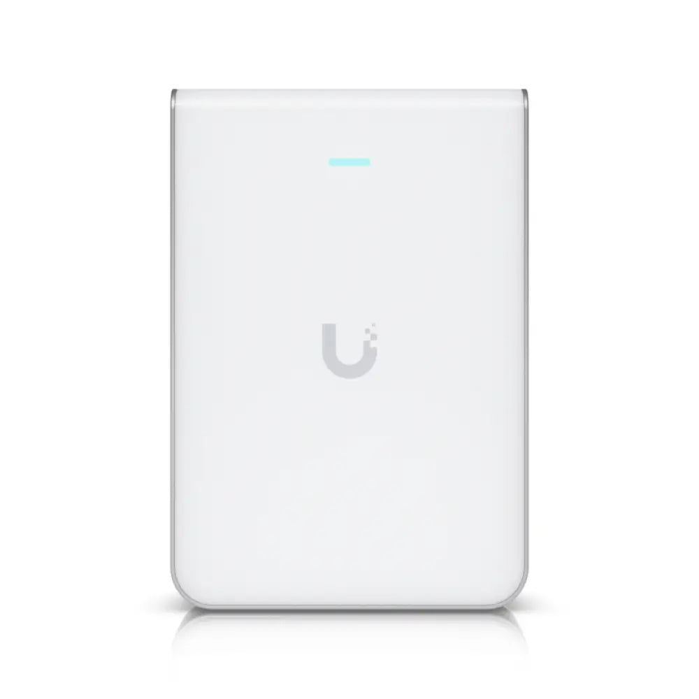 Punto de acceso Ubiquiti U7 Pro Wall en color blanco con tecnología WiFi 7 y energía PoE, instalado en la pared.