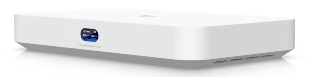 Pasarela y controlador Ubiquiti UCG-Fiber de 30W, compatible con velocidades de 10 a 10,000 Mbit/s, para redes de fibra óptica.
