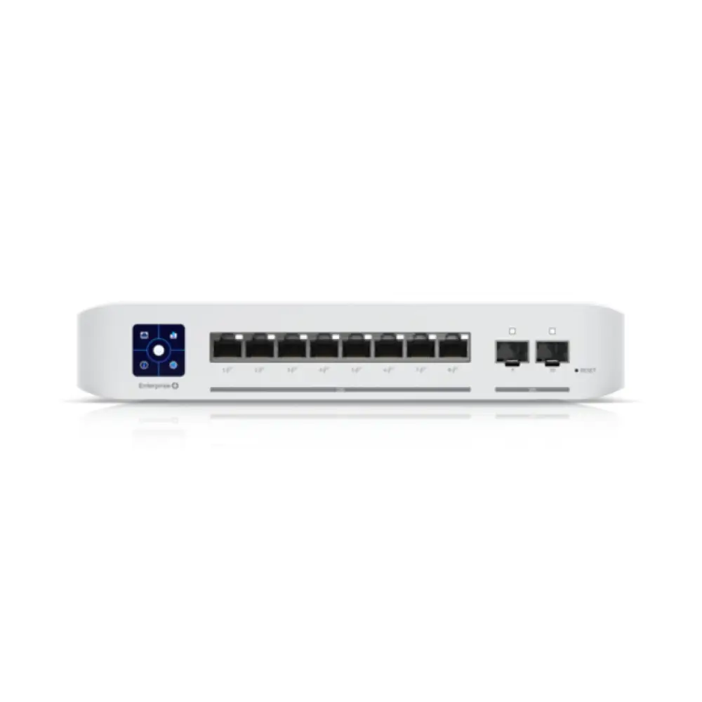 Interruptor Ubiquiti UniFi Enterprise 8 PoE gestionado L3 con puerto 2.5G Ethernet y carcasa de acero inoxidable.