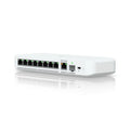 Conmutador Ubiquiti UniFi Flex 2.5G gestionado con 8 puertos Ethernet, montaje en pared o escritorio, color blanco.