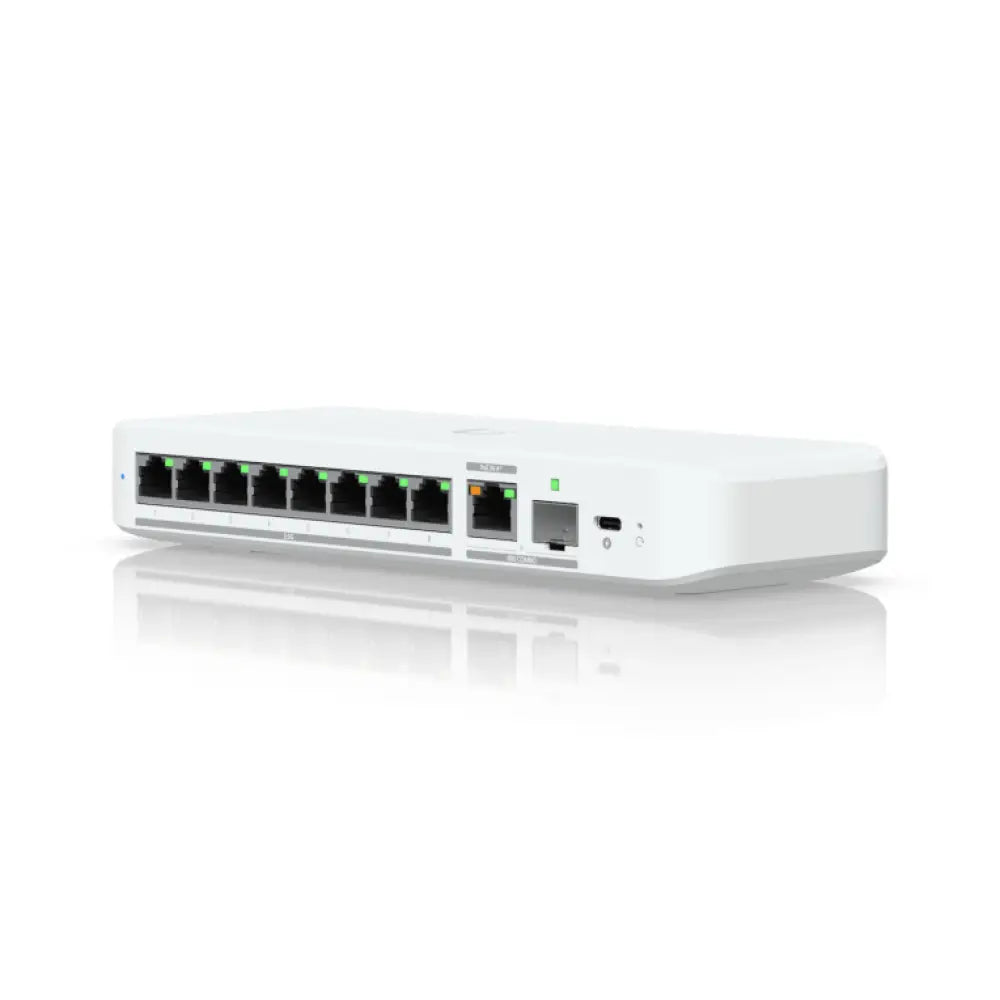 Conmutador Ubiquiti UniFi Flex 2.5G gestionado con 8 puertos Ethernet, montaje en pared o escritorio, color blanco.
