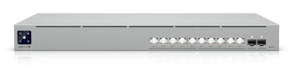 Interruptor Ubiquiti UniFi Pro XG 10 PoE, gestionado L2/L3, 10G Ethernet, energía PoE, en rack gris de 1U.