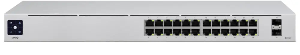 Interruptor gestionado Ubiquiti UniFi USW-24 con 24 puertos Gigabit Ethernet y puertos SFP en acabado plateado.