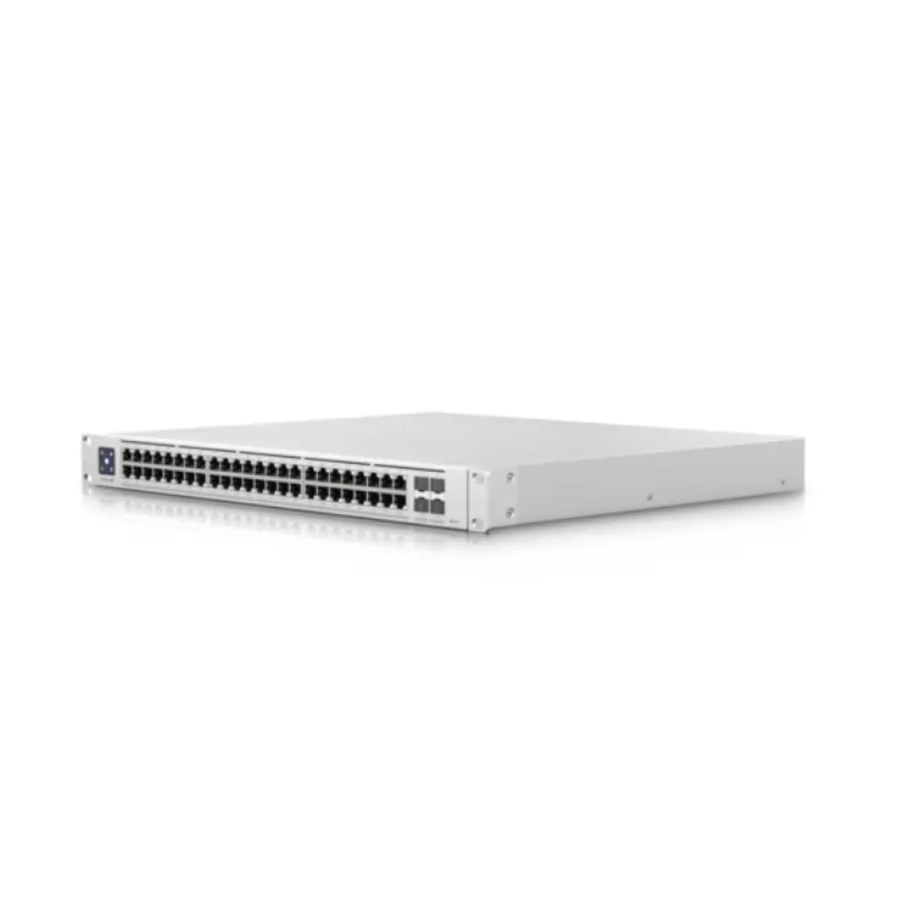 Interruptor gestionado Ubiquiti UniFi USW-Enterprise-48-POE con puertos Ethernet 2.5G en color blanco, para redes empresariales.