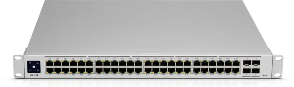 Interruptor gestionado Ubiquiti UniFi USW-PRO-48 con 48 puertos Gigabit Ethernet en estuche 1U plateado.