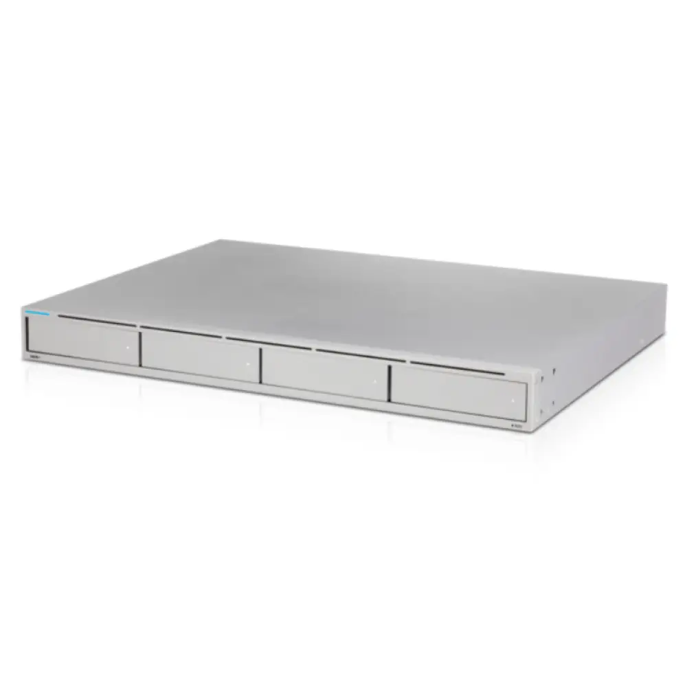 Grabador de vídeo en red Ubiquiti UNVR en color gris, dispositivo NVR para vigilancia con cámaras de seguridad.