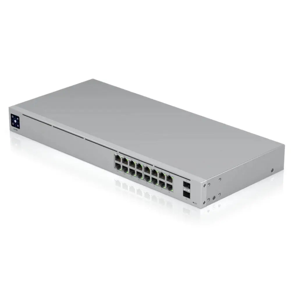 Interruptor en armario Ubiquiti USW-16-POE UniFi con 16 puertos Gigabit y 2 puertos SFP para redes de alta velocidad.