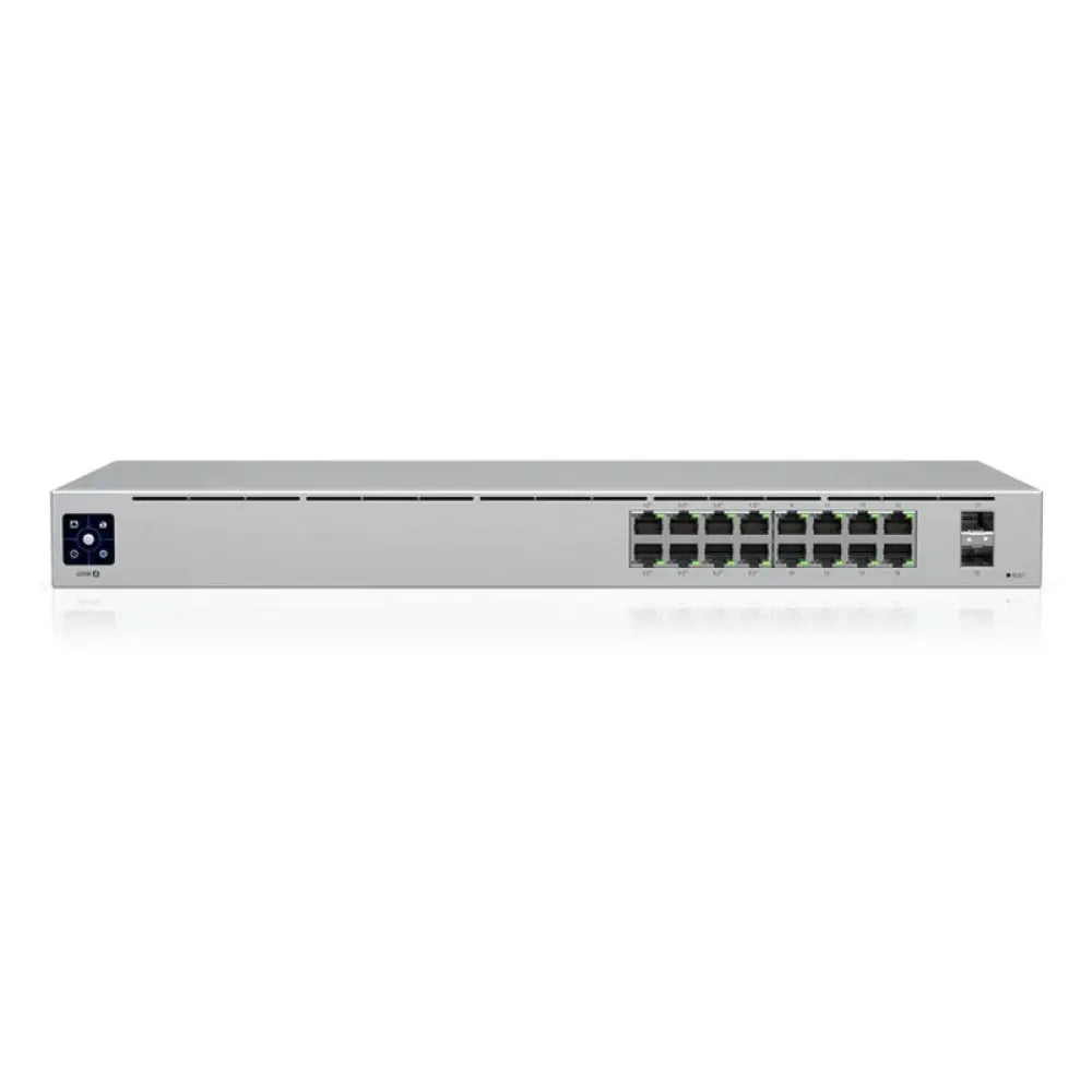 Interruptor de red Ubiquiti USW-16-POE UniFi con 16 puertos Gigabit y 2 puertos SFP, para armario de red.