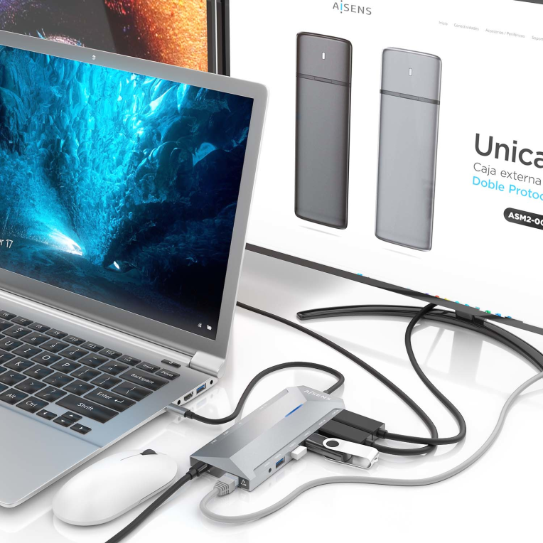 USB-C DOCK AISENS 12 EN 1 2xHDMI 4K RJ45 3xUSB-A 2xUSB-C 1xUSB-C PD 15CM - detalle