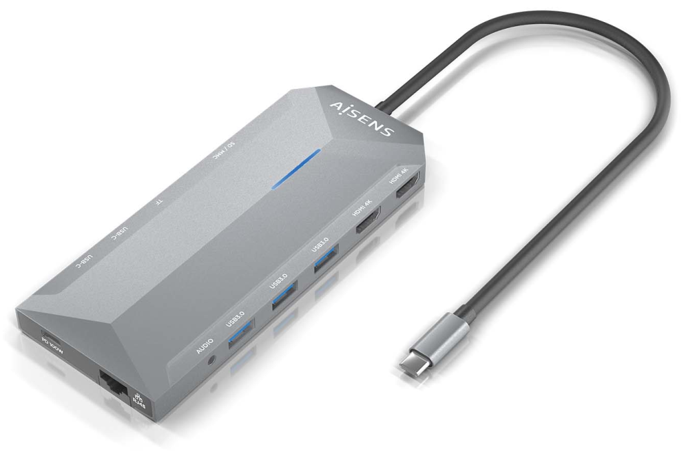 USB-C DOCK AISENS 12 EN 1 2xHDMI 4K RJ45 3xUSB-A 2xUSB-C 1xUSB-C PD 15CM - detalle