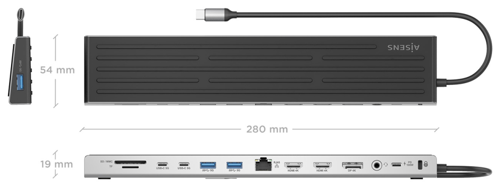 USB-C DOCK AISENS 13 EN 1 USB-C A 2XHDMI 1XDP 1XRJ45 1XSD 1XRANURA KENSINGTON - detalle