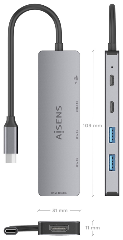 USB-C DOCK AISENS 5 EN 1 HDMI 2XUSB-A USB-C USB-C PD GRIS 15CM - detalle