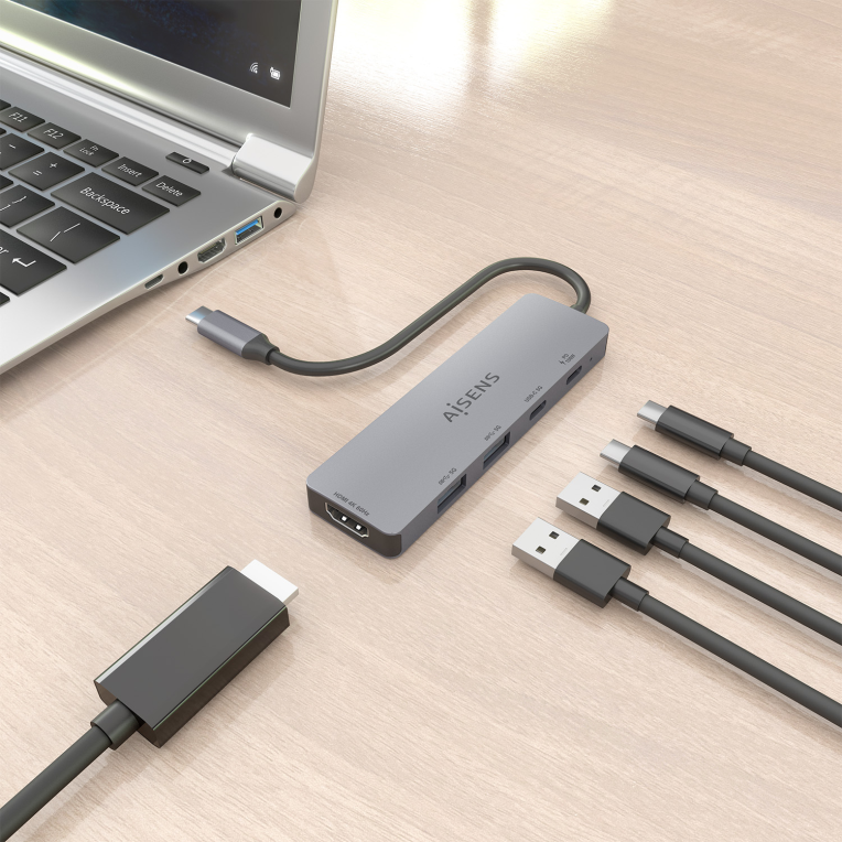 USB-C DOCK AISENS 5 EN 1 HDMI 2XUSB-A USB-C USB-C PD GRIS 15CM - detalle
