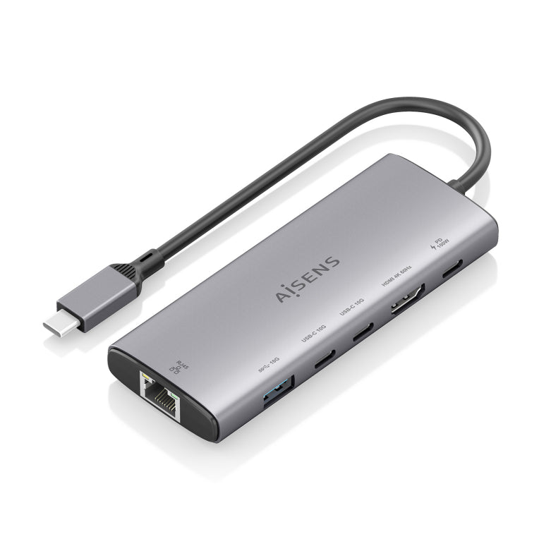 Base de conexión USB-C AISENS 6 en 1. USB-C a 1xHDMI. 1xRJ45. 1xUSB-A 10G. 2xUSB-C 10G. 1xUSB-C PD. Gris. 20 cm