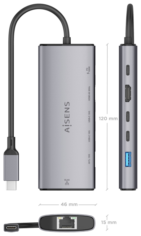 USB-C DOCK AISENS 6 EN 1 HDMI RJ45 USB-A 10G 2XUSB-C 10G USB-C PD 20CM - detalle