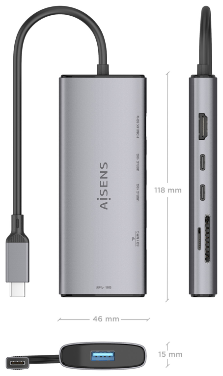 USB-C DOCK AISENS 6 EN 1 HDMI USB-A 10G 2XUSB-C 10G SD MICRO SD 20CM - detalle