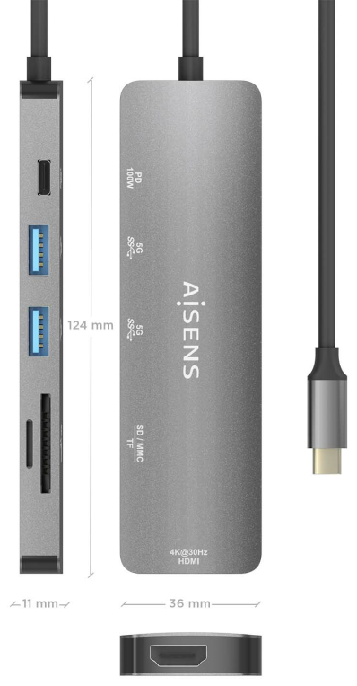 USB-C DOCK AISENS 6 EN 1 USB-C A 1XHDMI 2XUSB-A 1XUSB-C PD 100W 15CM - detalle