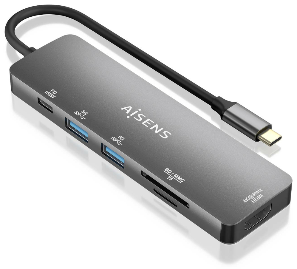 USB-C DOCK AISENS 6 EN 1 USB-C A 1XHDMI 2XUSB-A 1XUSB-C PD 100W 15CM