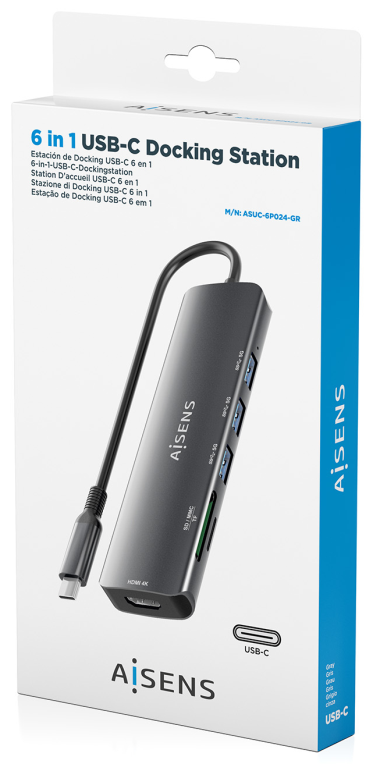 USB-C DOCK AISENS 6 EN 1 USB-C A 1XHDMI 3XUSB-A 1XSD 1XMICRO SD 15CM - detalle