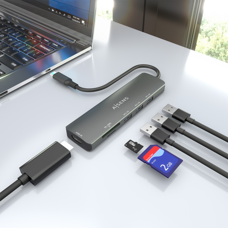 USB-C DOCK AISENS 6 EN 1 USB-C A 1XHDMI 3XUSB-A 1XSD 1XMICRO SD 15CM - detalle