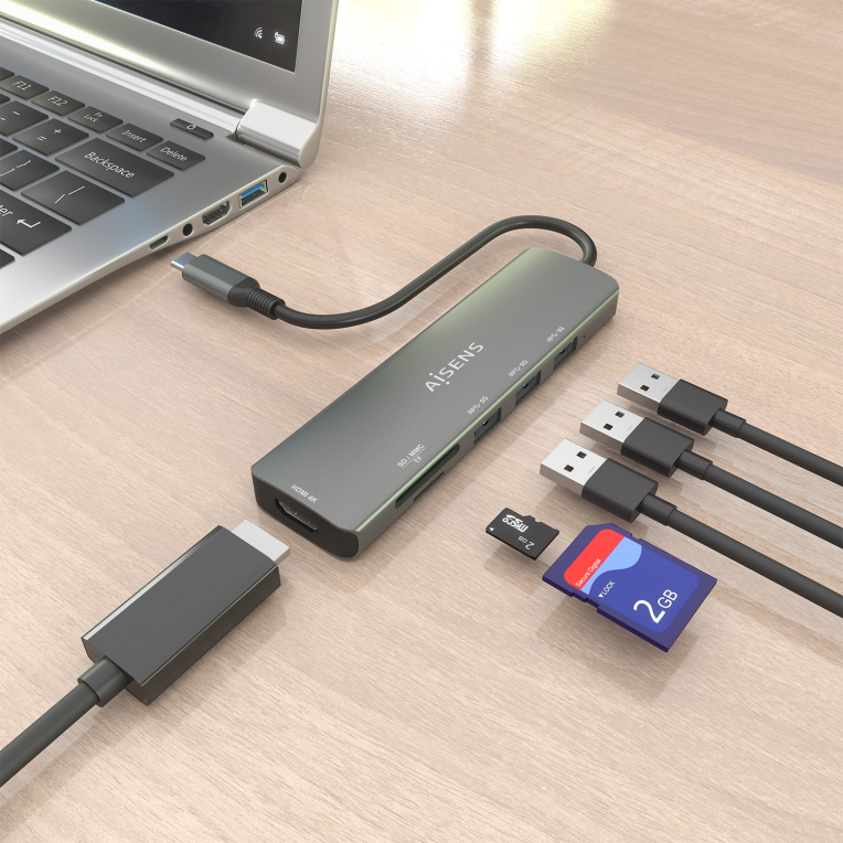 USB-C DOCK AISENS 6 EN 1 USB-C A 1XHDMI 3XUSB-A 1XSD 1XMICRO SD 15CM - detalle
