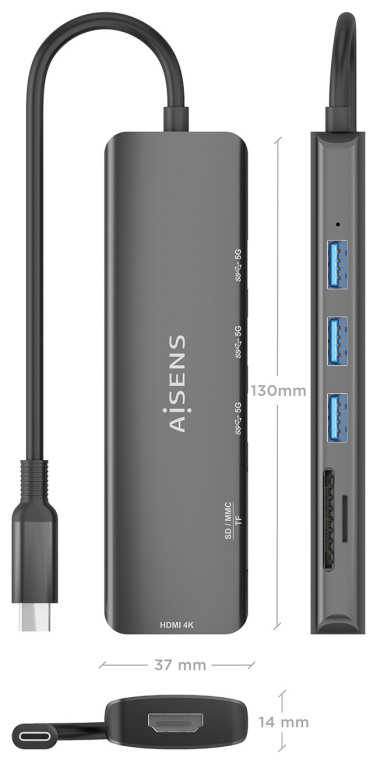 USB-C DOCK AISENS 6 EN 1 USB-C A 1XHDMI 3XUSB-A 1XSD 1XMICRO SD 15CM - detalle