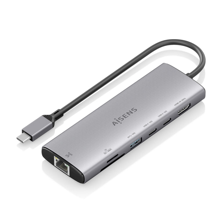 Base de conexión USB-C AISENS 7 en 1. USB-C a 1xHDMI. 1xRJ45. 1xUSB-A 10G. 2xUSB-C 10G. 1xSD. 1xMicroSD. Gris. 20 cm