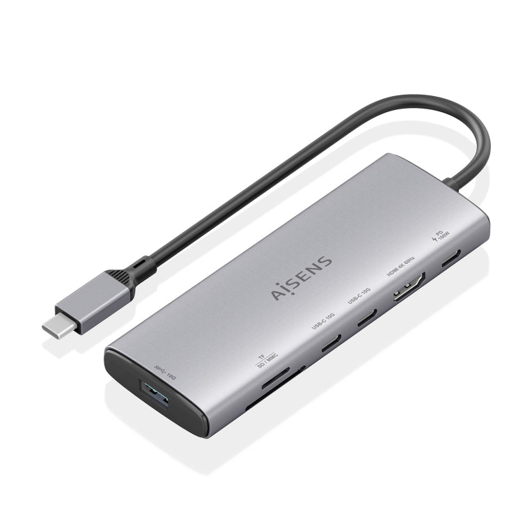 Base de conexión USB-C AISENS 7 en 1. USB-C a 1 HDMI. 1 USB-A 10G. 2 USB-C 10G. 1 SD. 1 MicroSD. 1 USB-C PD 100 W. Gris. 20 cm